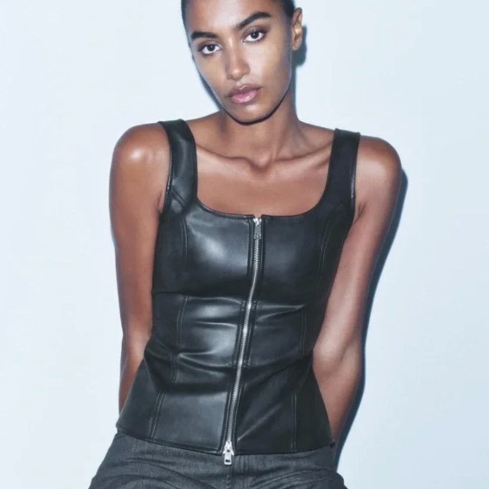 ZARA Faux Leather Black Zippered Top